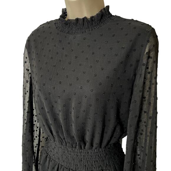 Short Black Dress, She and Sky, Swiss Dot, Sheer Sleeves, High neck, Size Large - Picture 2 of 5